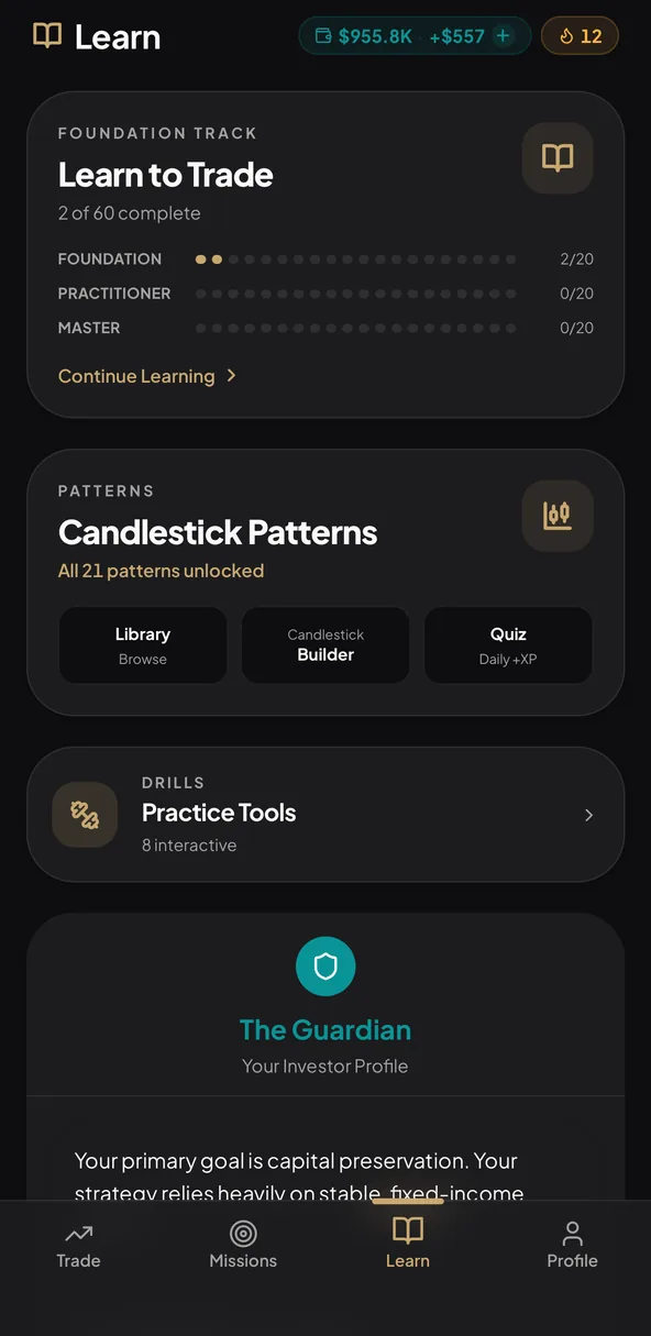 Learn tab with 60 trading courses, candlestick pattern library, and practice tools