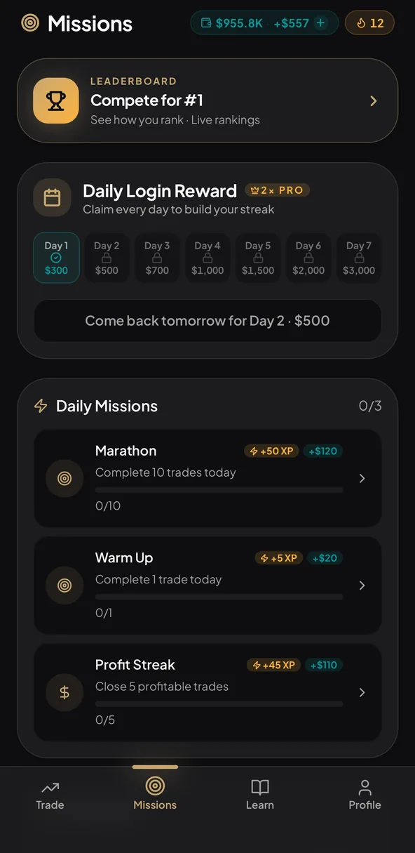 Daily missions and login rewards with leaderboard entry point